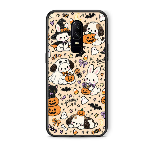 Θήκη OnePlus 6 Halloween Puppies and Friends on Cream από τη Smartfits με σχέδιο στο πίσω μέρος και μαύρο περίβλημα | OnePlus 6 Halloween Puppies and Friends on Cream case with colorful back and black bezels
