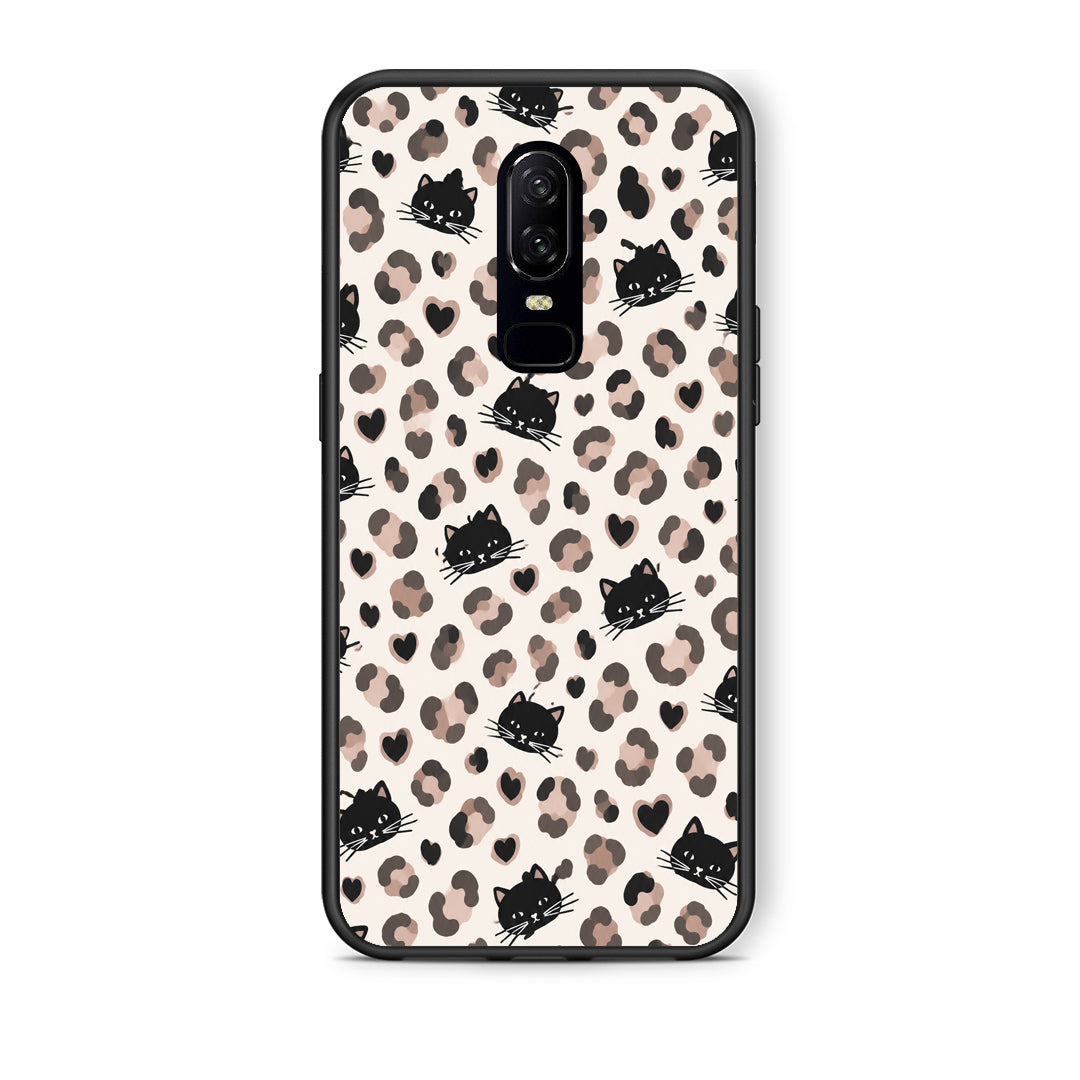 Θήκη OnePlus 6 Leopard Spots and Black Cats on Cream από τη Smartfits με σχέδιο στο πίσω μέρος και μαύρο περίβλημα | OnePlus 6 Leopard Spots and Black Cats on Cream case with colorful back and black bezels