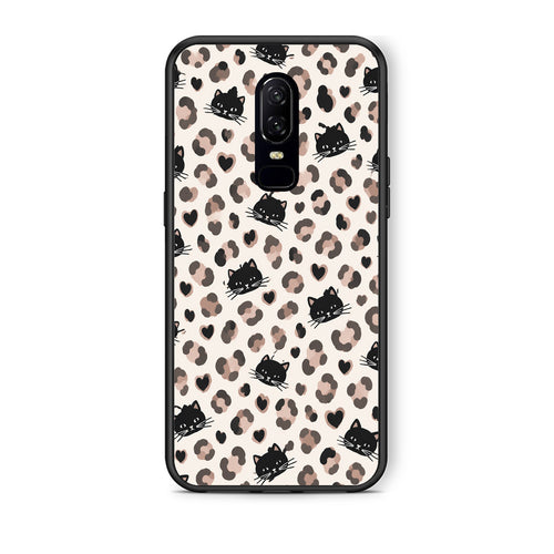 Θήκη OnePlus 6 Leopard Spots and Black Cats on Cream από τη Smartfits με σχέδιο στο πίσω μέρος και μαύρο περίβλημα | OnePlus 6 Leopard Spots and Black Cats on Cream case with colorful back and black bezels