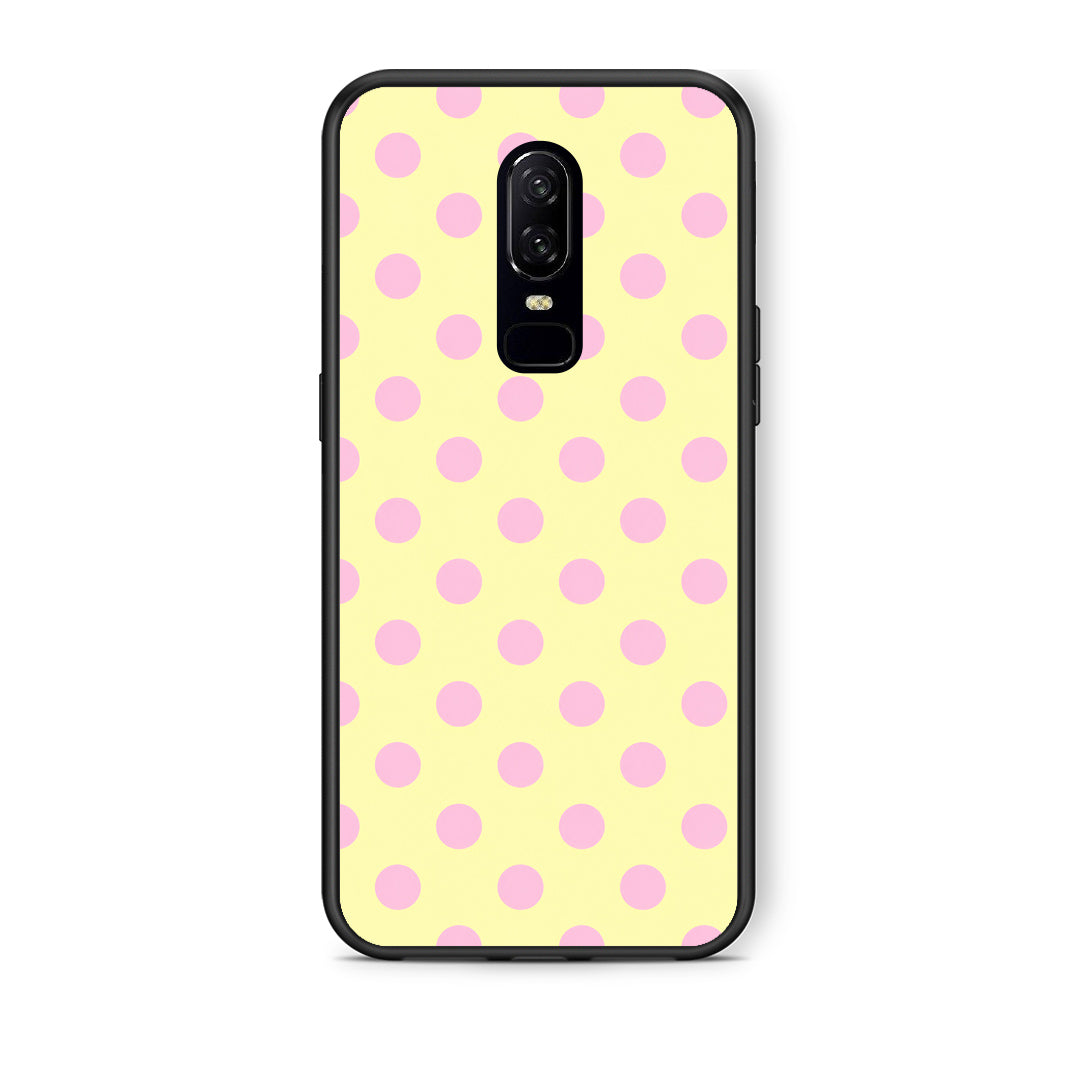 Θήκη OnePlus 6 Pink Polka Dots on Yellow από τη Smartfits με σχέδιο στο πίσω μέρος και μαύρο περίβλημα | OnePlus 6 Pink Polka Dots on Yellow case with colorful back and black bezels