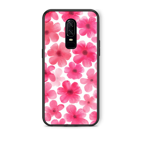 Θήκη OnePlus 6 Pink Watercolour Flowers on White από τη Smartfits με σχέδιο στο πίσω μέρος και μαύρο περίβλημα | OnePlus 6 Pink Watercolour Flowers on White case with colorful back and black bezels