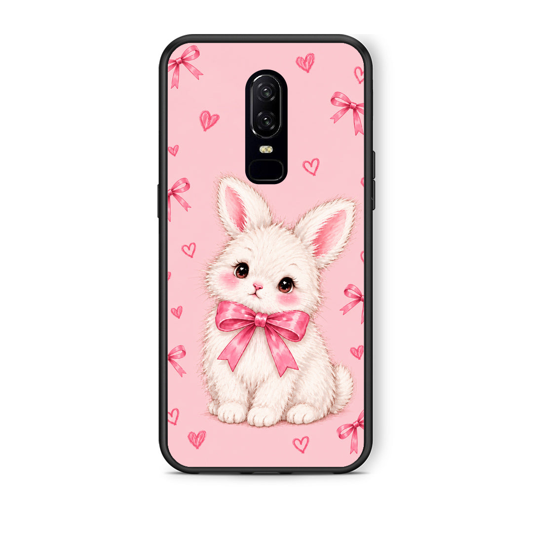 Θήκη OnePlus 6 White Bunny and Pink Bows από τη Smartfits με σχέδιο στο πίσω μέρος και μαύρο περίβλημα | OnePlus 6 White Bunny and Pink Bows case with colorful back and black bezels