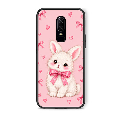Θήκη OnePlus 6 White Bunny and Pink Bows από τη Smartfits με σχέδιο στο πίσω μέρος και μαύρο περίβλημα | OnePlus 6 White Bunny and Pink Bows case with colorful back and black bezels