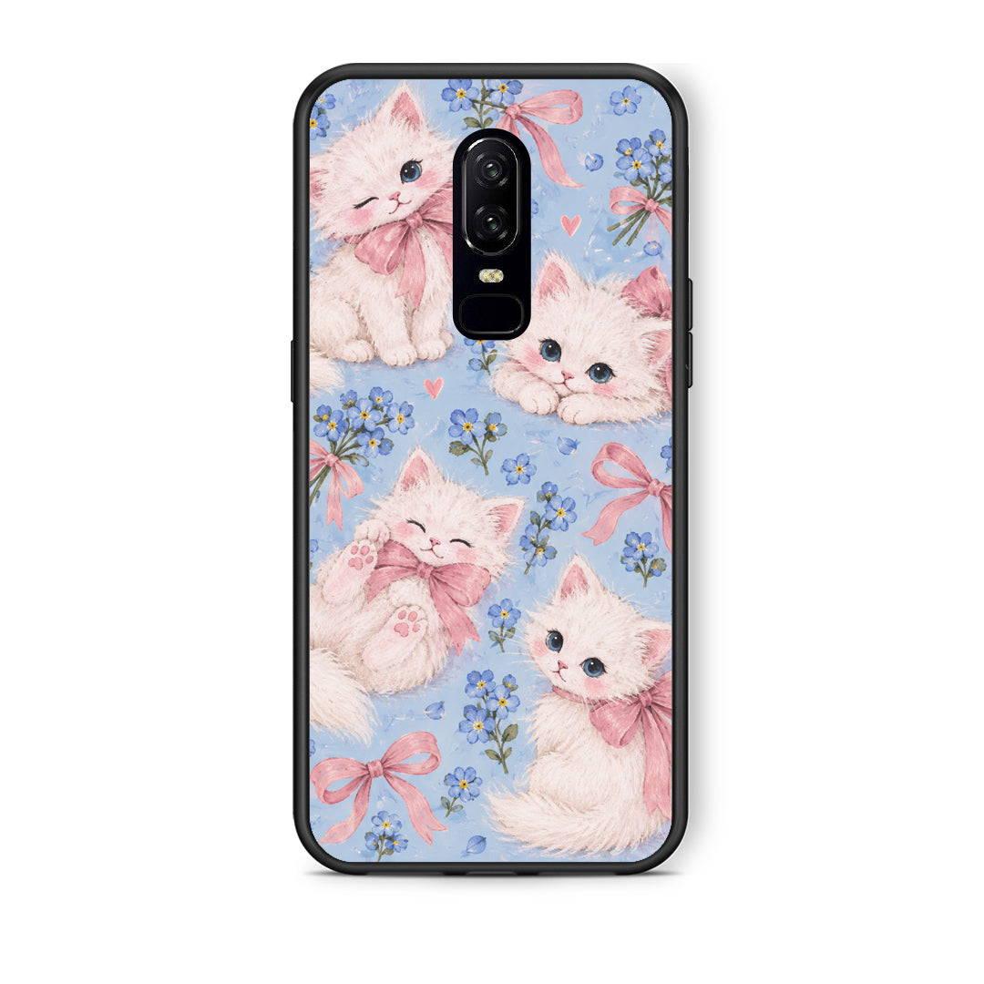 Θήκη OnePlus 6 White Kittens and Blue Flowers Large από τη Smartfits με σχέδιο στο πίσω μέρος και μαύρο περίβλημα | OnePlus 6 White Kittens and Blue Flowers Large case with colorful back and black bezels