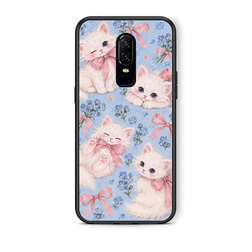Θήκη OnePlus 6 White Kittens and Blue Flowers Large από τη Smartfits με σχέδιο στο πίσω μέρος και μαύρο περίβλημα | OnePlus 6 White Kittens and Blue Flowers Large case with colorful back and black bezels