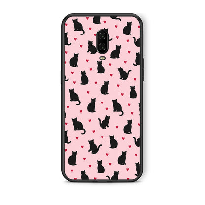 Θήκη OnePlus 6T Black Cat Silhouettes and Hearts on Pink από τη Smartfits με σχέδιο στο πίσω μέρος και μαύρο περίβλημα | OnePlus 6T Black Cat Silhouettes and Hearts on Pink case with colorful back and black bezels