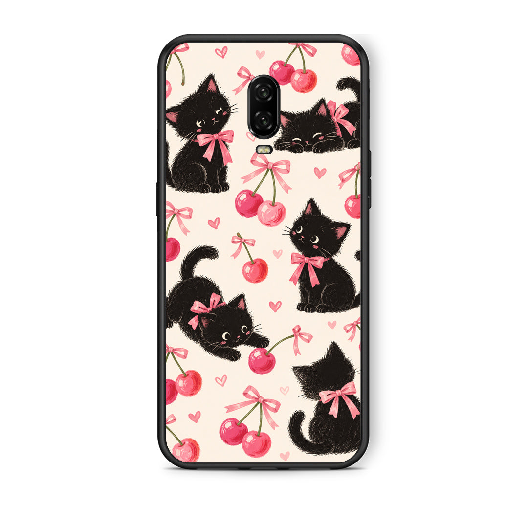 Θήκη OnePlus 6T Black Kittens and Cherries on Cream από τη Smartfits με σχέδιο στο πίσω μέρος και μαύρο περίβλημα | OnePlus 6T Black Kittens and Cherries on Cream case with colorful back and black bezels