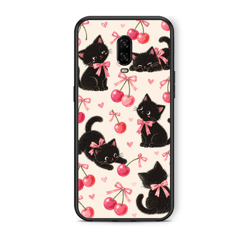 Θήκη OnePlus 6T Black Kittens and Cherries on Cream από τη Smartfits με σχέδιο στο πίσω μέρος και μαύρο περίβλημα | OnePlus 6T Black Kittens and Cherries on Cream case with colorful back and black bezels