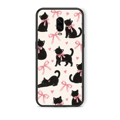 Θήκη OnePlus 6T Black Kittens and Pink Bows on Cream Large από τη Smartfits με σχέδιο στο πίσω μέρος και μαύρο περίβλημα | OnePlus 6T Black Kittens and Pink Bows on Cream Large case with colorful back and black bezels