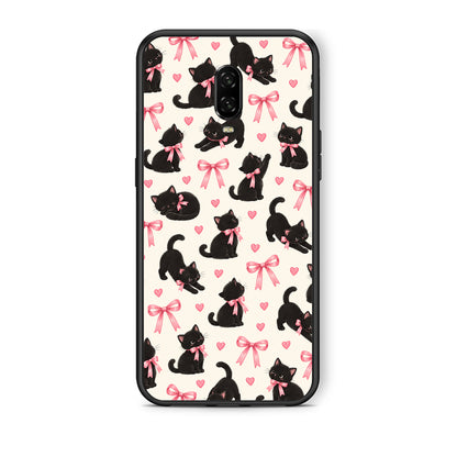 Θήκη OnePlus 6T Black Kittens and Pink Bows on Cream Small από τη Smartfits με σχέδιο στο πίσω μέρος και μαύρο περίβλημα | OnePlus 6T Black Kittens and Pink Bows on Cream Small case with colorful back and black bezels