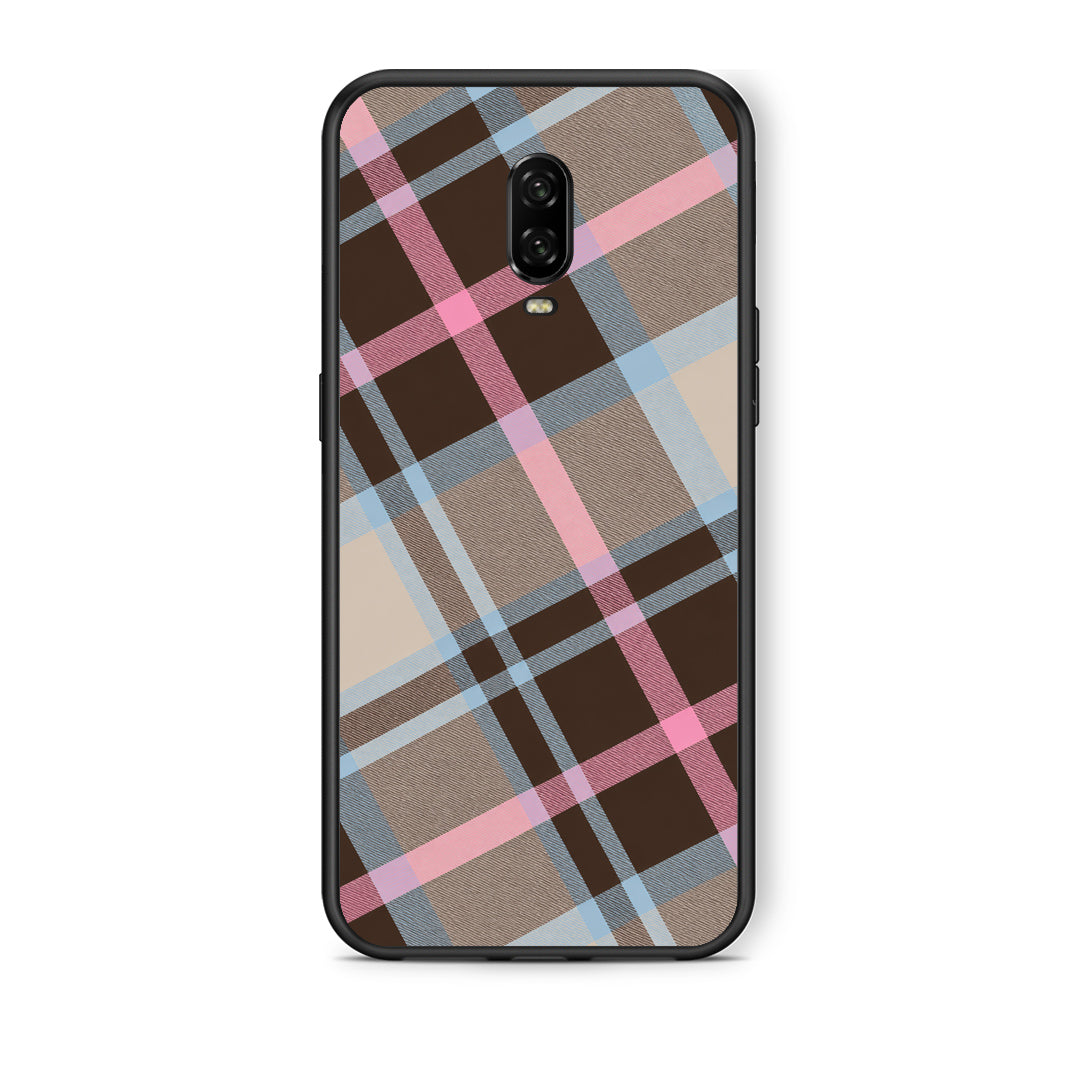 Θήκη OnePlus 6T Brown Pink and Blue Diagonal Plaid από τη Smartfits με σχέδιο στο πίσω μέρος και μαύρο περίβλημα | OnePlus 6T Brown Pink and Blue Diagonal Plaid case with colorful back and black bezels