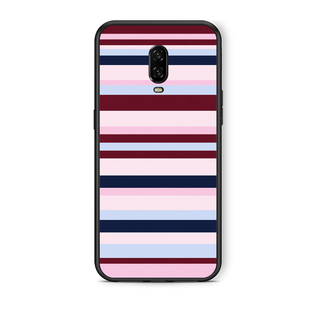 Θήκη OnePlus 6T Burgundy Pink and Blue Horizontal Stripes από τη Smartfits με σχέδιο στο πίσω μέρος και μαύρο περίβλημα | OnePlus 6T Burgundy Pink and Blue Horizontal Stripes case with colorful back and black bezels