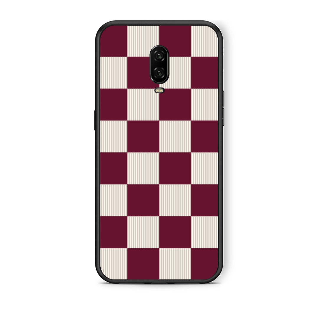 Θήκη OnePlus 6T Burgundy and Cream Striped Checks από τη Smartfits με σχέδιο στο πίσω μέρος και μαύρο περίβλημα | OnePlus 6T Burgundy and Cream Striped Checks case with colorful back and black bezels