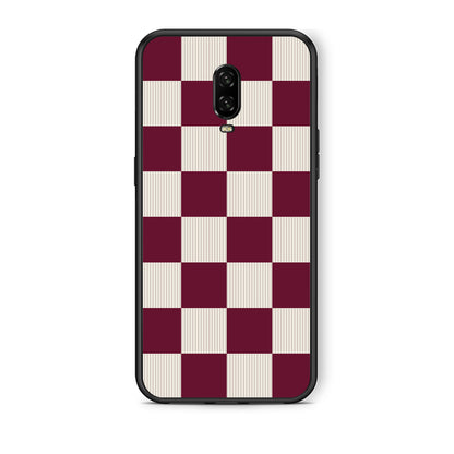Θήκη OnePlus 6T Burgundy and Cream Striped Checks από τη Smartfits με σχέδιο στο πίσω μέρος και μαύρο περίβλημα | OnePlus 6T Burgundy and Cream Striped Checks case with colorful back and black bezels