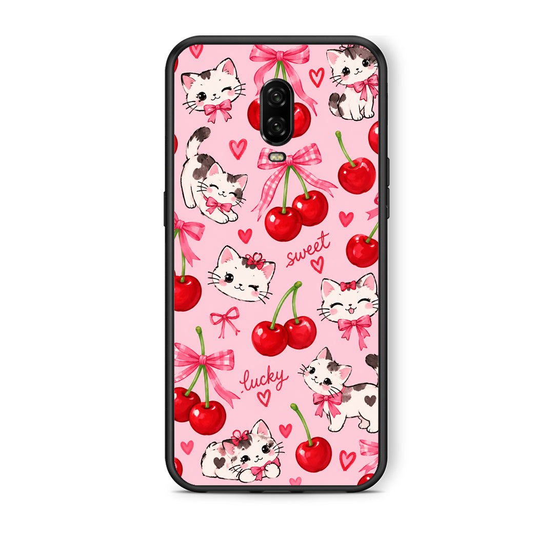 Θήκη OnePlus 6T Cherries Bows and Kittens on Pink από τη Smartfits με σχέδιο στο πίσω μέρος και μαύρο περίβλημα | OnePlus 6T Cherries Bows and Kittens on Pink case with colorful back and black bezels