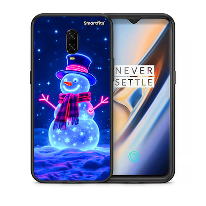 Θήκη OnePlus 6T Christmas Neon Snowman από τη Smartfits με σχέδιο στο πίσω μέρος και μαύρο περίβλημα | OnePlus 6T Christmas Neon Snowman case with colorful back and black bezels