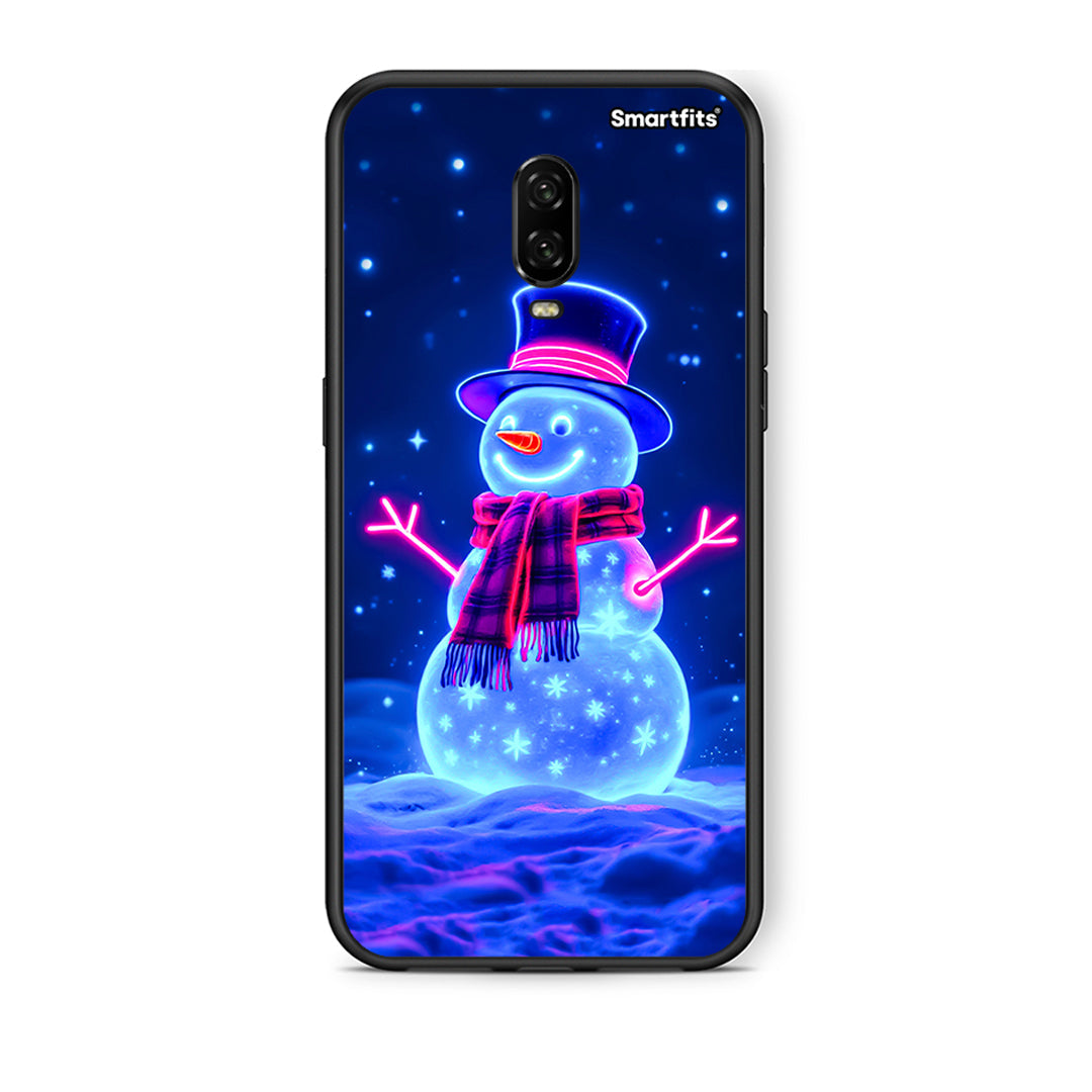 OnePlus 6T Christmas Neon Snowman θήκη από τη Smartfits με σχέδιο στο πίσω μέρος και μαύρο περίβλημα | Smartphone case with colorful back and black bezels by Smartfits