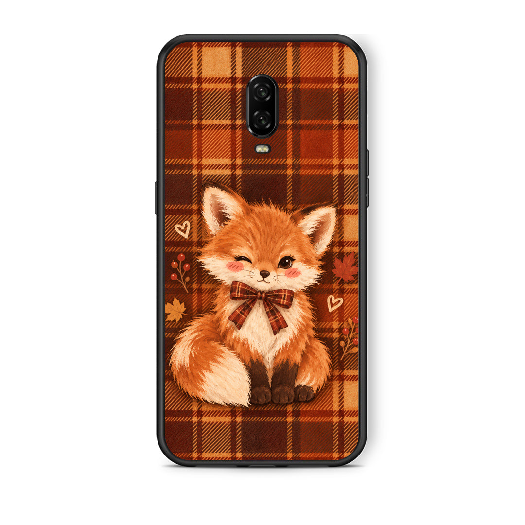 Θήκη OnePlus 6T Fox on Autumn Tartan από τη Smartfits με σχέδιο στο πίσω μέρος και μαύρο περίβλημα | OnePlus 6T Fox on Autumn Tartan case with colorful back and black bezels
