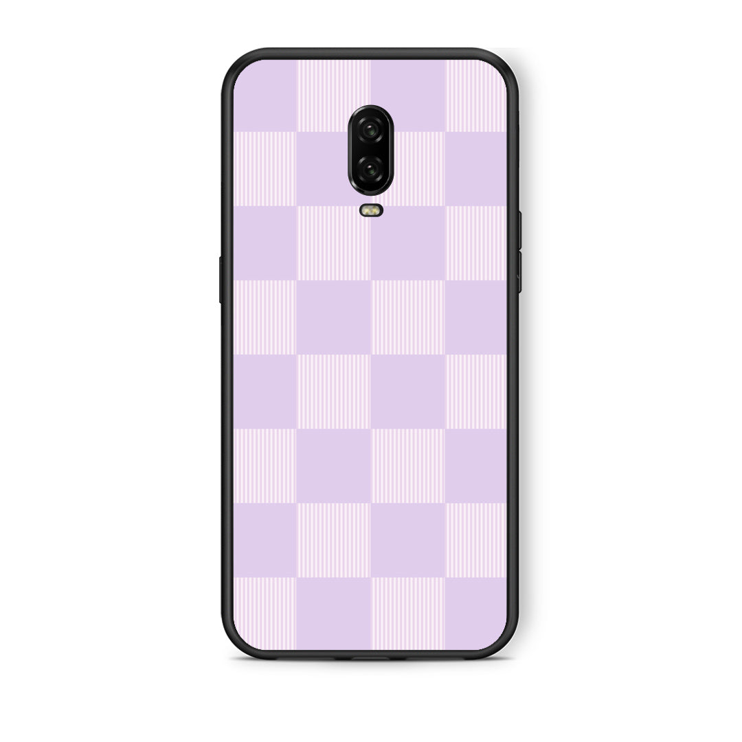 Θήκη OnePlus 6T Lilac and Cream Striped Checks από τη Smartfits με σχέδιο στο πίσω μέρος και μαύρο περίβλημα | OnePlus 6T Lilac and Cream Striped Checks case with colorful back and black bezels
