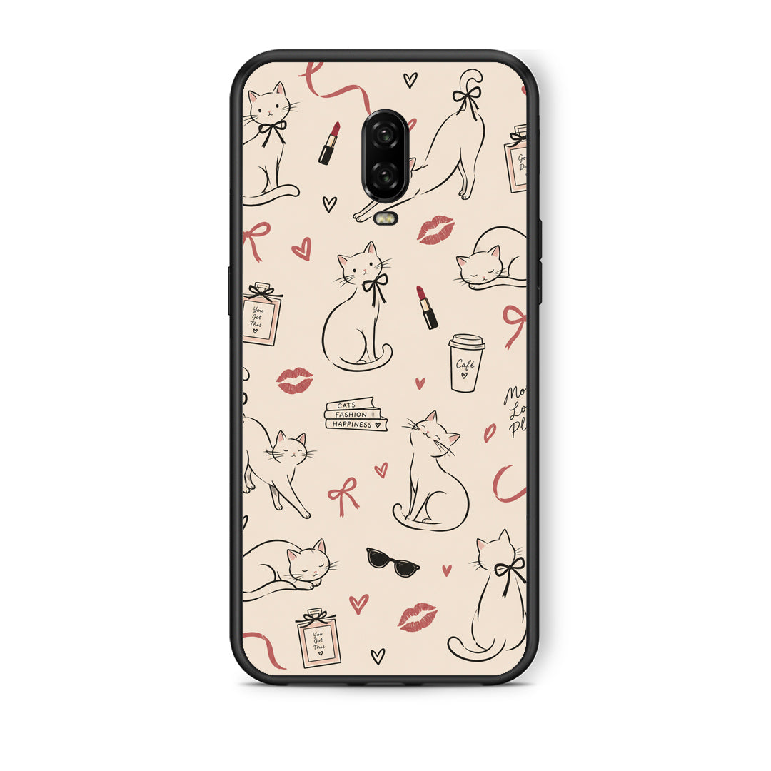 Θήκη OnePlus 6T Minimal Cat and Fashion Doodles on Cream από τη Smartfits με σχέδιο στο πίσω μέρος και μαύρο περίβλημα | OnePlus 6T Minimal Cat and Fashion Doodles on Cream case with colorful back and black bezels