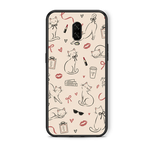 Θήκη OnePlus 6T Minimal Cat and Fashion Doodles on Cream από τη Smartfits με σχέδιο στο πίσω μέρος και μαύρο περίβλημα | OnePlus 6T Minimal Cat and Fashion Doodles on Cream case with colorful back and black bezels
