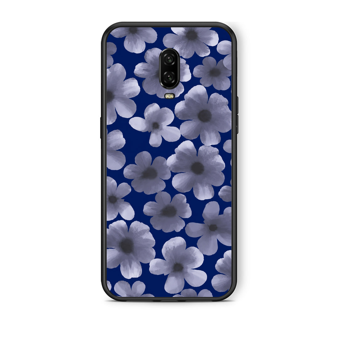 Θήκη OnePlus 6T Pale Blue Flowers on Navy από τη Smartfits με σχέδιο στο πίσω μέρος και μαύρο περίβλημα | OnePlus 6T Pale Blue Flowers on Navy case with colorful back and black bezels