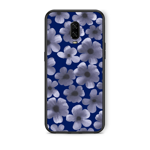 Θήκη OnePlus 6T Pale Blue Flowers on Navy από τη Smartfits με σχέδιο στο πίσω μέρος και μαύρο περίβλημα | OnePlus 6T Pale Blue Flowers on Navy case with colorful back and black bezels