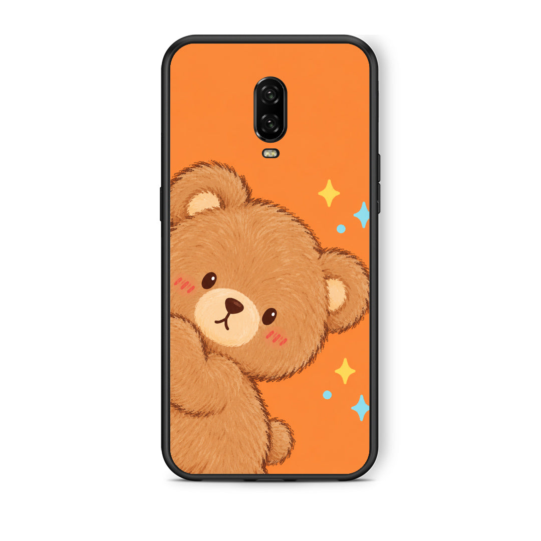 Θήκη OnePlus 6T Peekaboo Teddy on Orange από τη Smartfits με σχέδιο στο πίσω μέρος και μαύρο περίβλημα | OnePlus 6T Peekaboo Teddy on Orange case with colorful back and black bezels