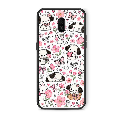 Θήκη OnePlus 6T Pink Florals Puppies and Bunnies on White από τη Smartfits με σχέδιο στο πίσω μέρος και μαύρο περίβλημα | OnePlus 6T Pink Florals Puppies and Bunnies on White case with colorful back and black bezels