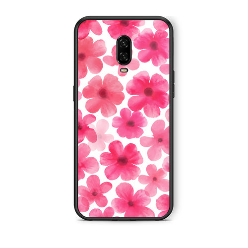 Θήκη OnePlus 6T Pink Watercolour Flowers on White από τη Smartfits με σχέδιο στο πίσω μέρος και μαύρο περίβλημα | OnePlus 6T Pink Watercolour Flowers on White case with colorful back and black bezels