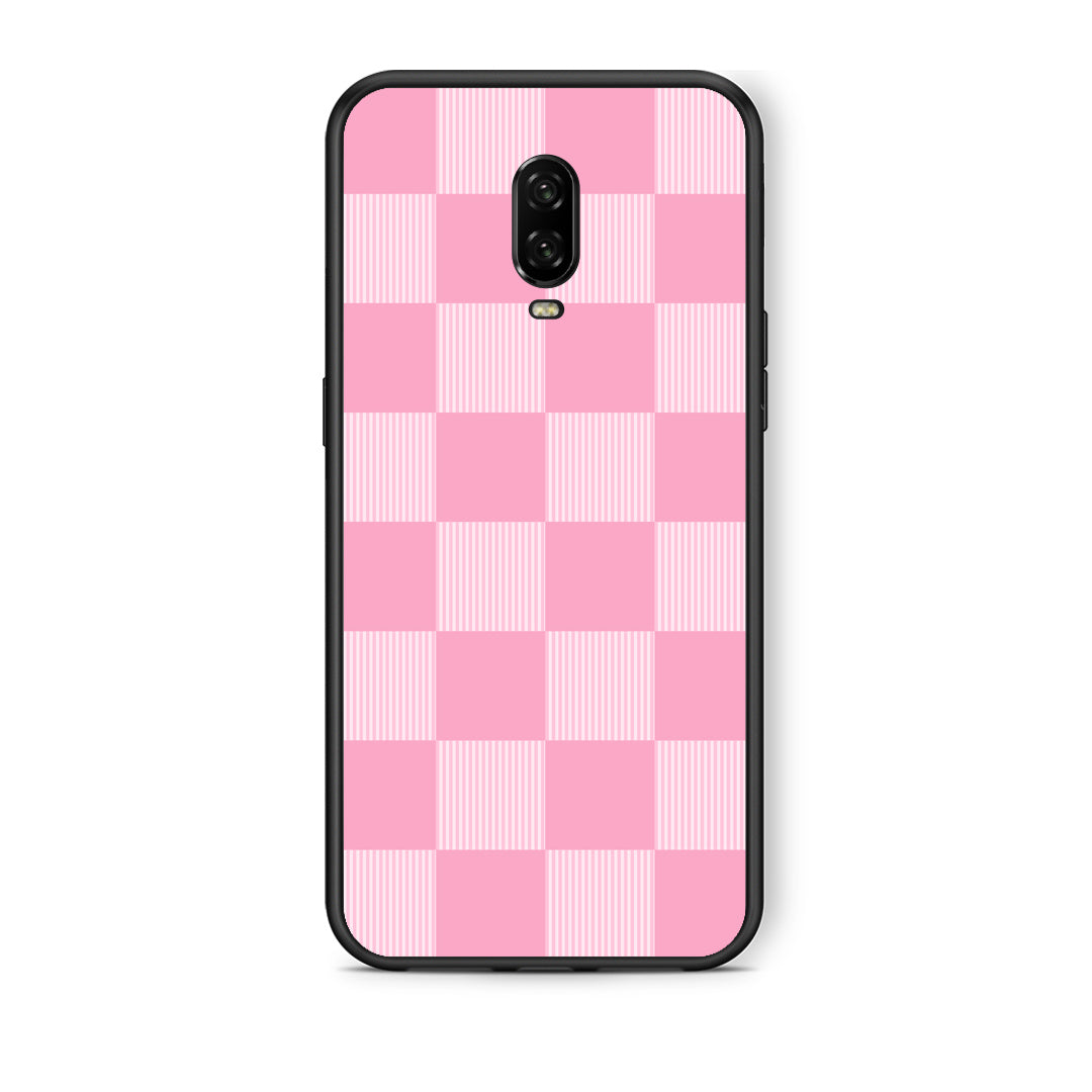 Θήκη OnePlus 6T Pink and White Striped Checks από τη Smartfits με σχέδιο στο πίσω μέρος και μαύρο περίβλημα | OnePlus 6T Pink and White Striped Checks case with colorful back and black bezels