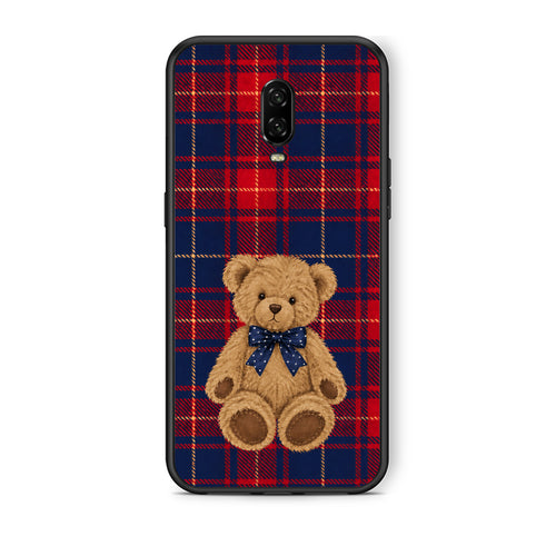 Θήκη OnePlus 6T Teddy Bear on Red and Navy Tartan από τη Smartfits με σχέδιο στο πίσω μέρος και μαύρο περίβλημα | OnePlus 6T Teddy Bear on Red and Navy Tartan case with colorful back and black bezels