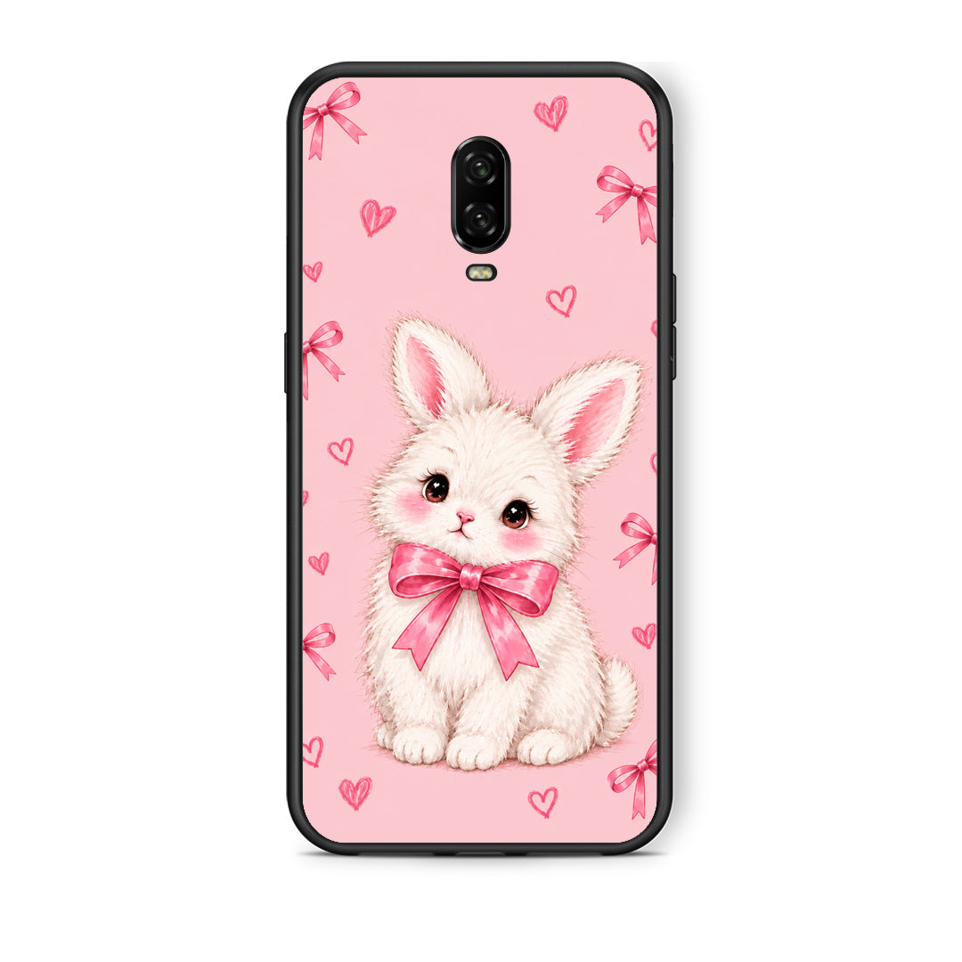 Θήκη OnePlus 6T White Bunny and Pink Bows από τη Smartfits με σχέδιο στο πίσω μέρος και μαύρο περίβλημα | OnePlus 6T White Bunny and Pink Bows case with colorful back and black bezels