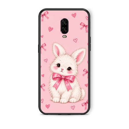 Θήκη OnePlus 6T White Bunny and Pink Bows από τη Smartfits με σχέδιο στο πίσω μέρος και μαύρο περίβλημα | OnePlus 6T White Bunny and Pink Bows case with colorful back and black bezels