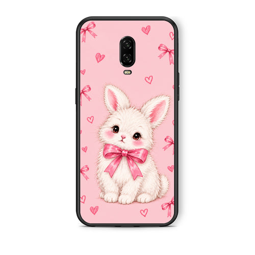 Θήκη OnePlus 6T White Bunny and Pink Bows από τη Smartfits με σχέδιο στο πίσω μέρος και μαύρο περίβλημα | OnePlus 6T White Bunny and Pink Bows case with colorful back and black bezels