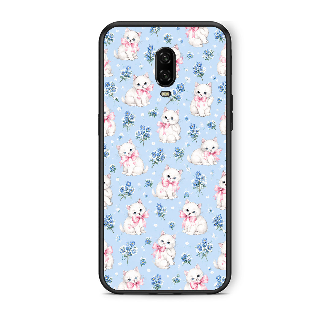 Θήκη OnePlus 6T White Kittens and Blue Flowers Small από τη Smartfits με σχέδιο στο πίσω μέρος και μαύρο περίβλημα | OnePlus 6T White Kittens and Blue Flowers Small case with colorful back and black bezels