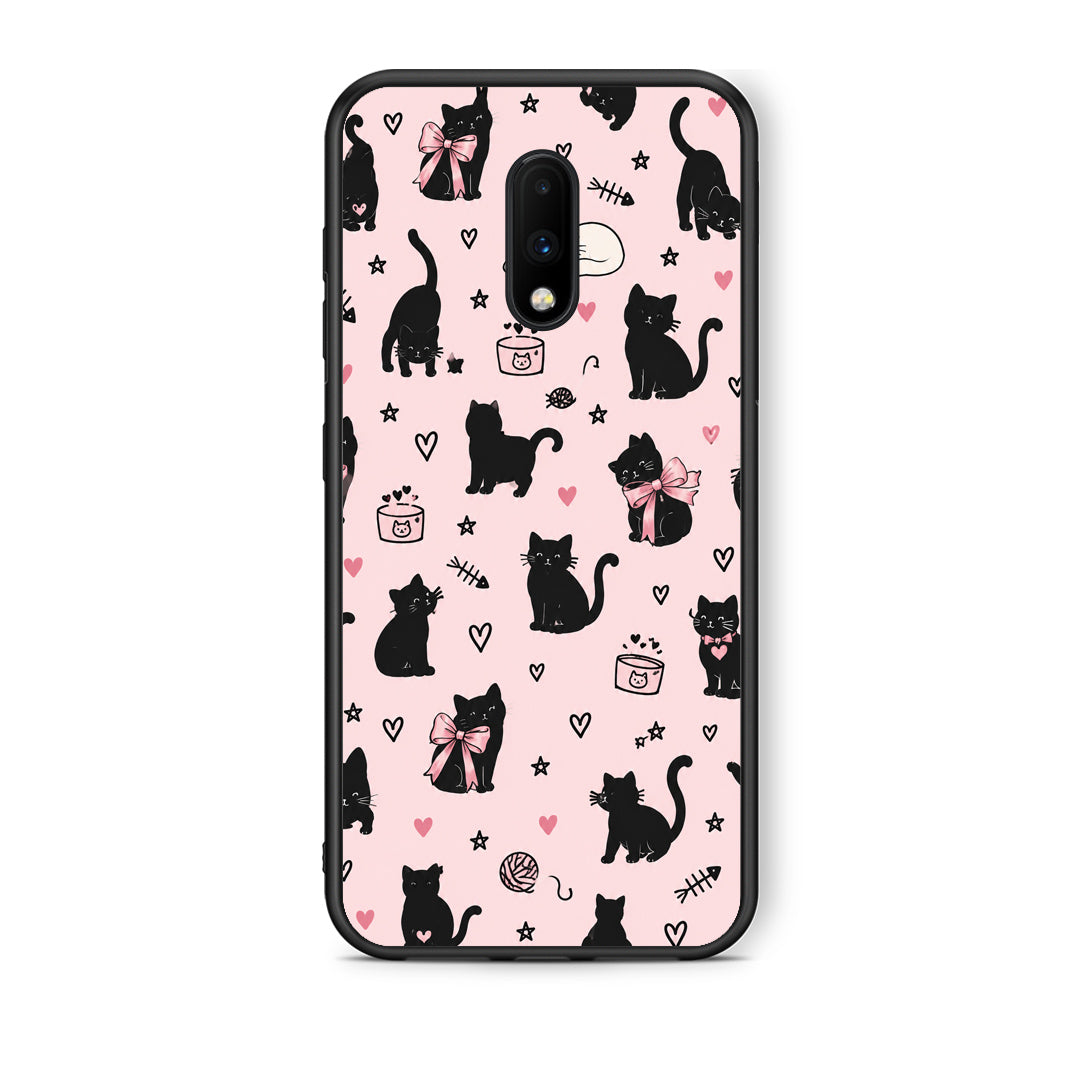 Θήκη OnePlus 7 Black Cat Doodles on Pink από τη Smartfits με σχέδιο στο πίσω μέρος και μαύρο περίβλημα | OnePlus 7 Black Cat Doodles on Pink case with colorful back and black bezels