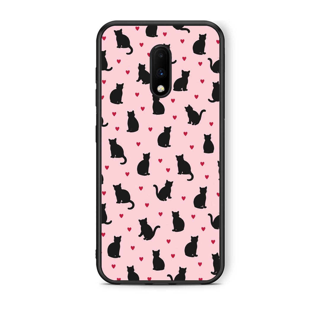 Θήκη OnePlus 7 Black Cat Silhouettes and Hearts on Pink από τη Smartfits με σχέδιο στο πίσω μέρος και μαύρο περίβλημα | OnePlus 7 Black Cat Silhouettes and Hearts on Pink case with colorful back and black bezels