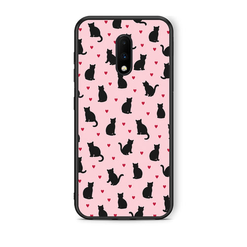 Θήκη OnePlus 7 Black Cat Silhouettes and Hearts on Pink από τη Smartfits με σχέδιο στο πίσω μέρος και μαύρο περίβλημα | OnePlus 7 Black Cat Silhouettes and Hearts on Pink case with colorful back and black bezels