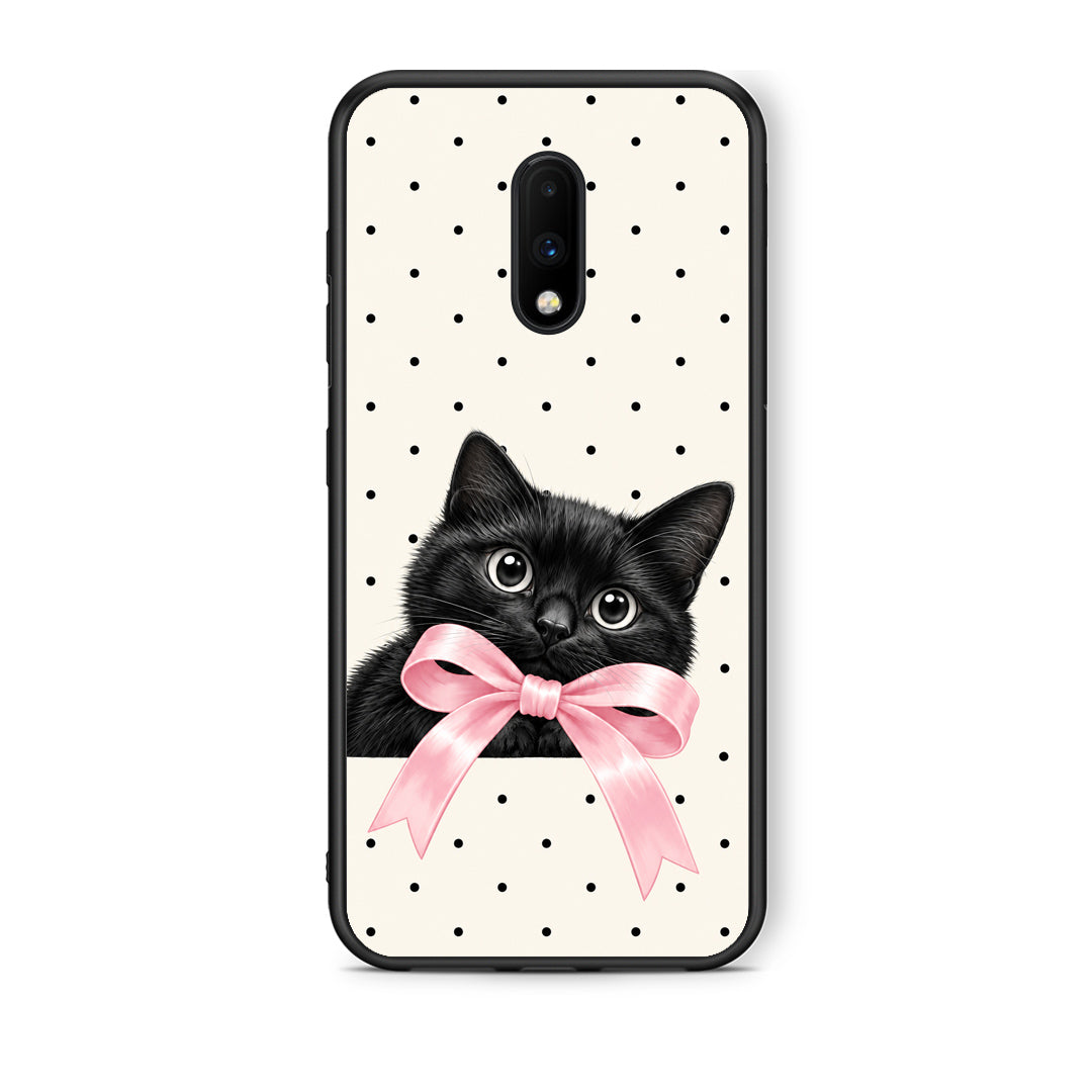 Θήκη OnePlus 7 Black Kitten Pink Bow and Polka Dots από τη Smartfits με σχέδιο στο πίσω μέρος και μαύρο περίβλημα | OnePlus 7 Black Kitten Pink Bow and Polka Dots case with colorful back and black bezels