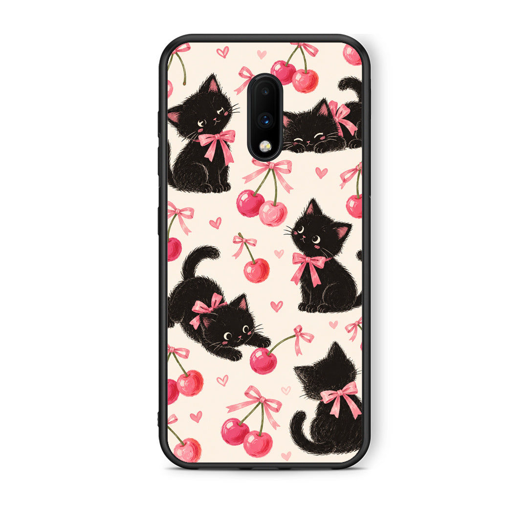 Θήκη OnePlus 7 Black Kittens and Cherries on Cream από τη Smartfits με σχέδιο στο πίσω μέρος και μαύρο περίβλημα | OnePlus 7 Black Kittens and Cherries on Cream case with colorful back and black bezels
