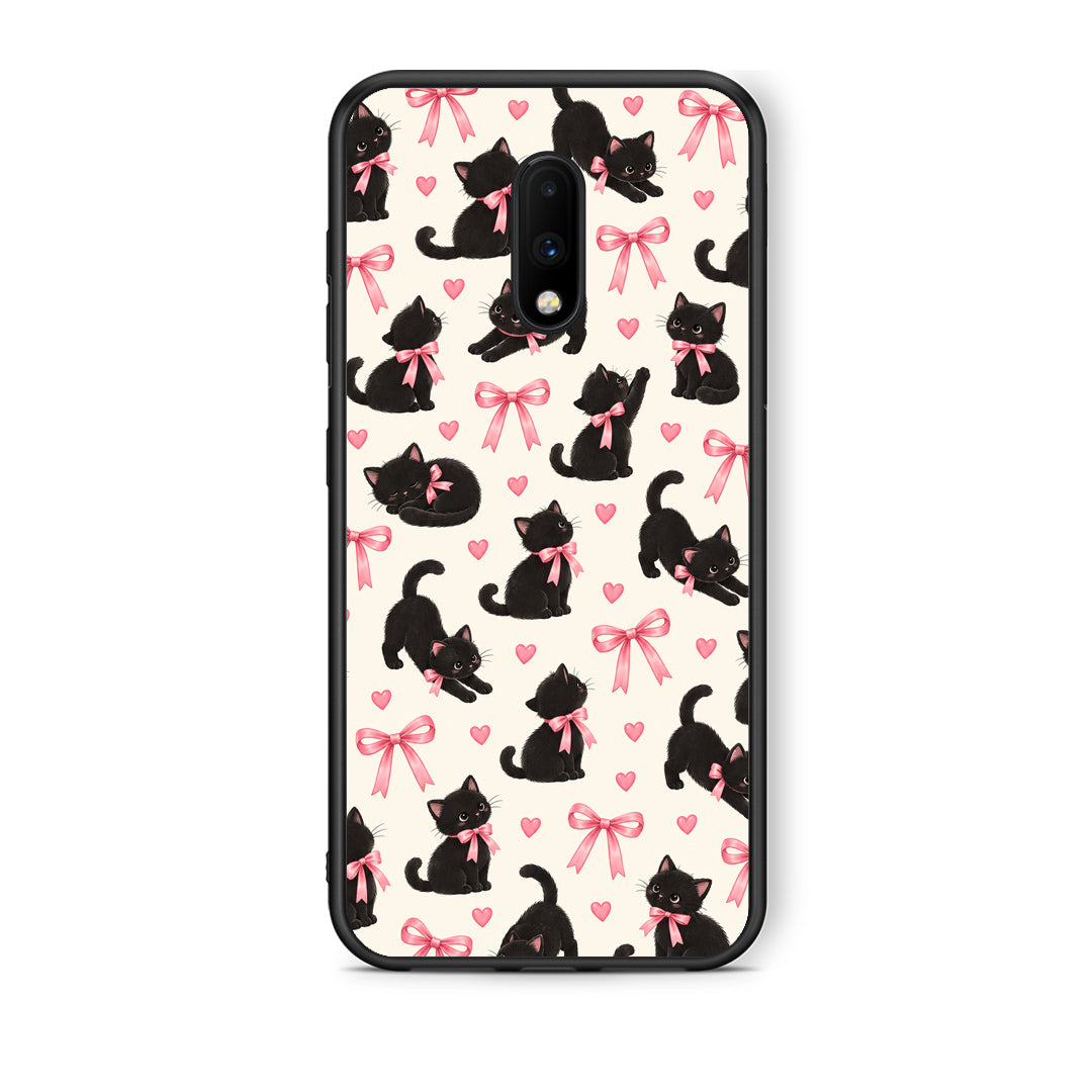 Θήκη OnePlus 7 Black Kittens and Pink Bows on Cream Small από τη Smartfits με σχέδιο στο πίσω μέρος και μαύρο περίβλημα | OnePlus 7 Black Kittens and Pink Bows on Cream Small case with colorful back and black bezels