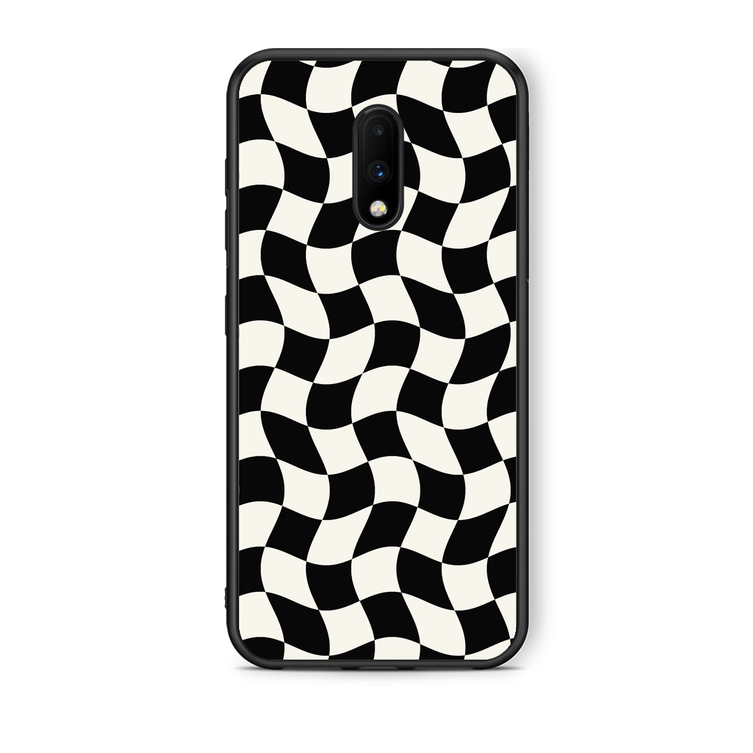 Θήκη OnePlus 7 Black and Cream Wavy Checkerboard από τη Smartfits με σχέδιο στο πίσω μέρος και μαύρο περίβλημα | OnePlus 7 Black and Cream Wavy Checkerboard case with colorful back and black bezels