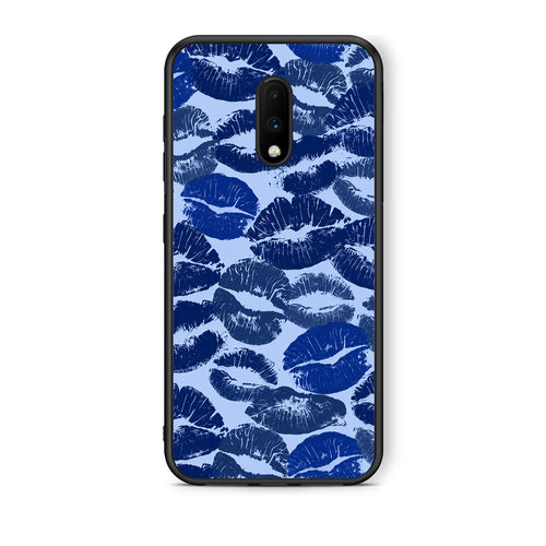 Θήκη OnePlus 7 Blue Lipstick Kisses από τη Smartfits με σχέδιο στο πίσω μέρος και μαύρο περίβλημα | OnePlus 7 Blue Lipstick Kisses case with colorful back and black bezels