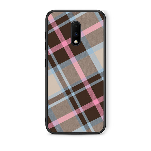 Θήκη OnePlus 7 Brown Pink and Blue Diagonal Plaid από τη Smartfits με σχέδιο στο πίσω μέρος και μαύρο περίβλημα | OnePlus 7 Brown Pink and Blue Diagonal Plaid case with colorful back and black bezels