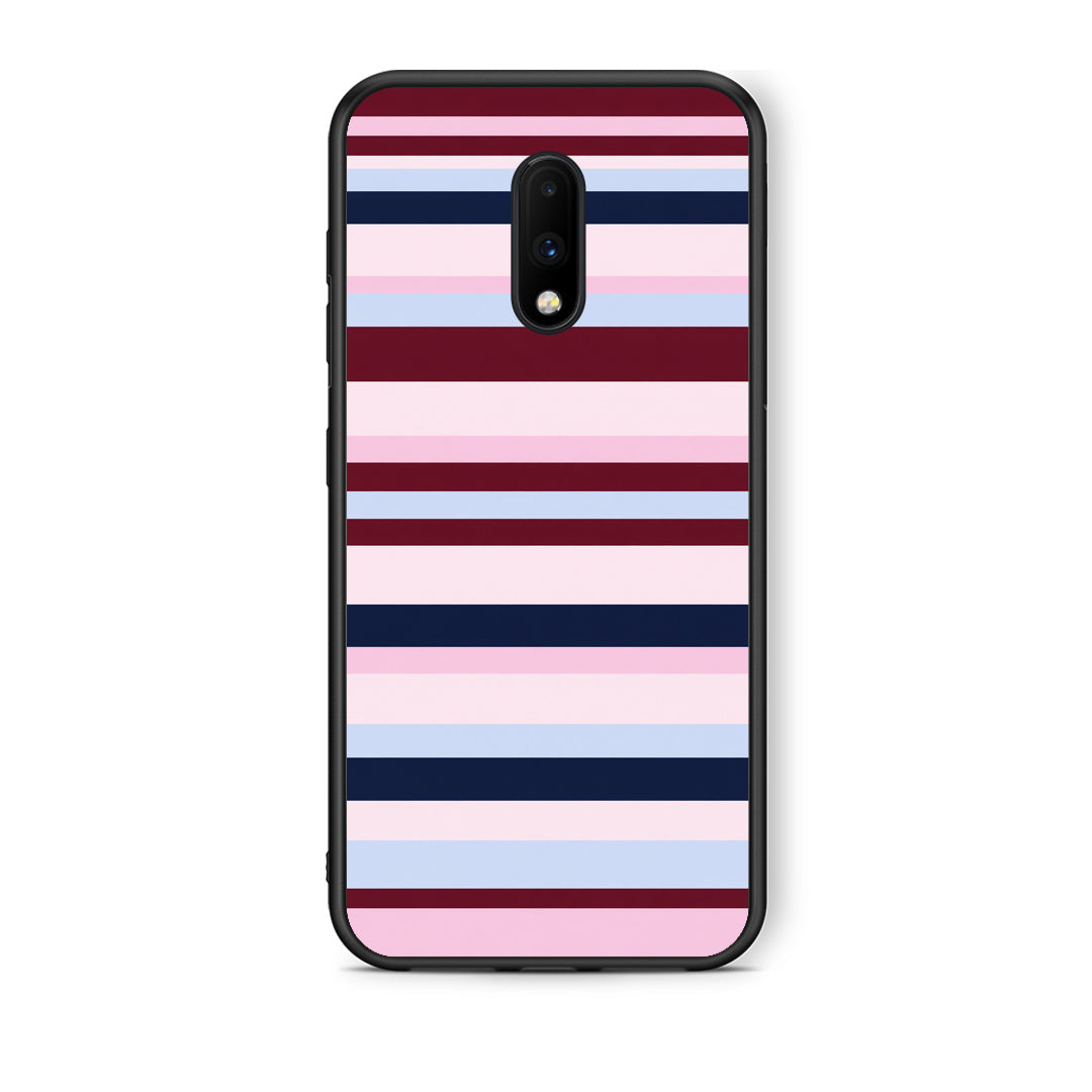 Θήκη OnePlus 7 Burgundy Pink and Blue Horizontal Stripes από τη Smartfits με σχέδιο στο πίσω μέρος και μαύρο περίβλημα | OnePlus 7 Burgundy Pink and Blue Horizontal Stripes case with colorful back and black bezels