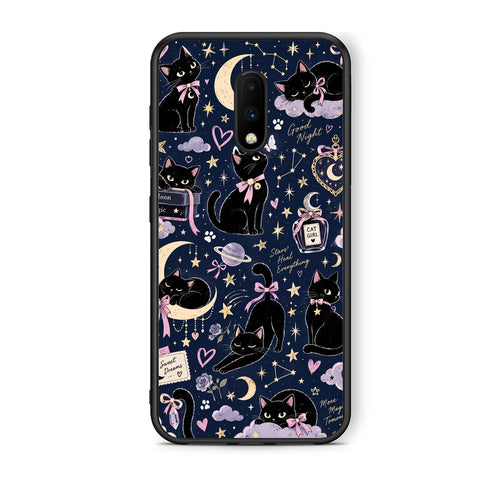 Θήκη OnePlus 7 Celestial Black Cats on Navy από τη Smartfits με σχέδιο στο πίσω μέρος και μαύρο περίβλημα | OnePlus 7 Celestial Black Cats on Navy case with colorful back and black bezels