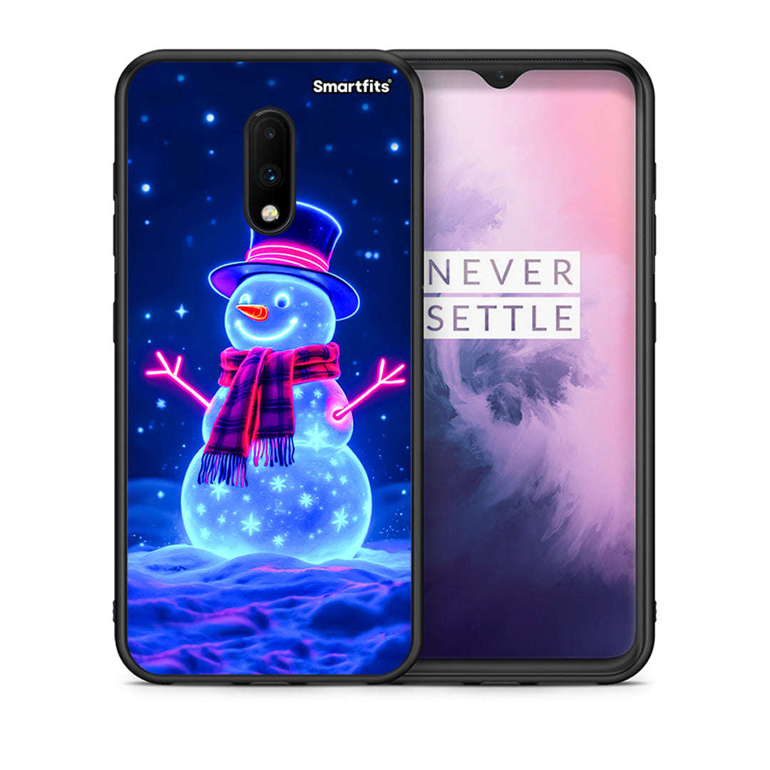 Θήκη OnePlus 7 Christmas Neon Snowman από τη Smartfits με σχέδιο στο πίσω μέρος και μαύρο περίβλημα | OnePlus 7 Christmas Neon Snowman case with colorful back and black bezels