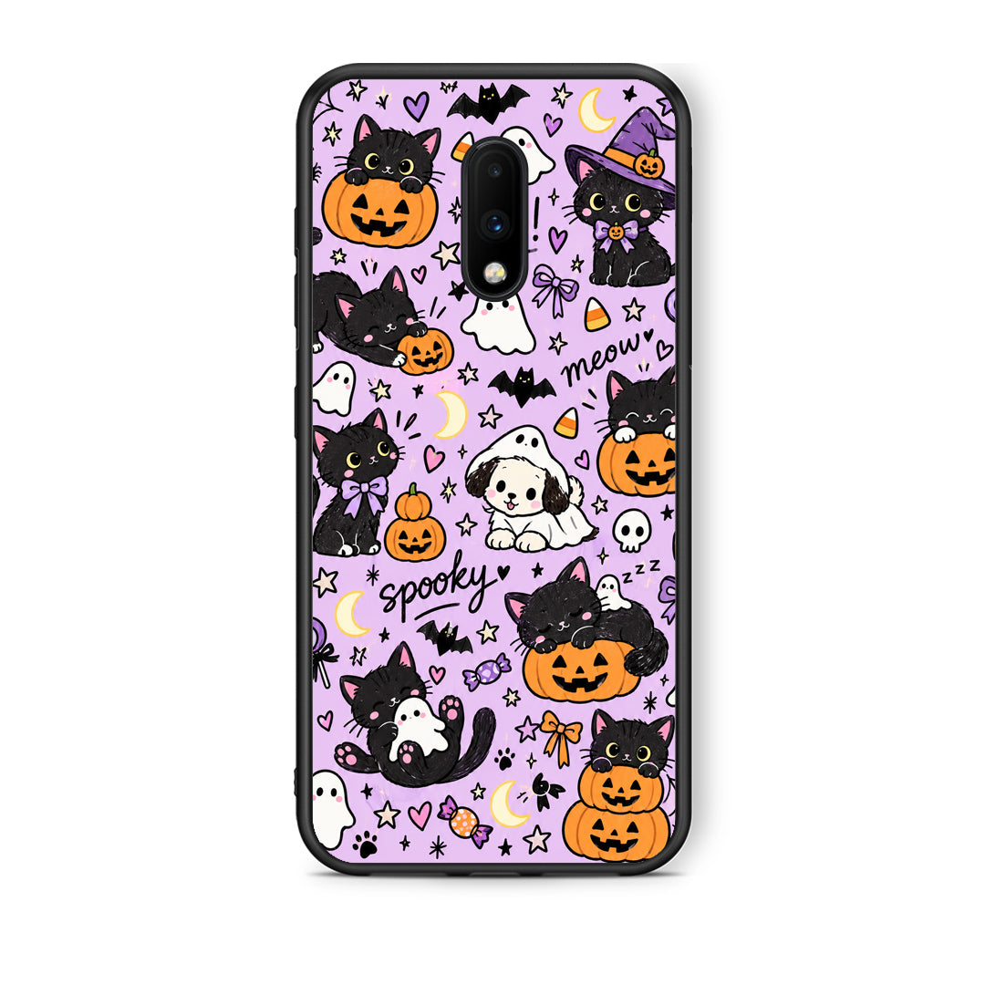 Θήκη OnePlus 7 Halloween Black Cats on Lilac από τη Smartfits με σχέδιο στο πίσω μέρος και μαύρο περίβλημα | OnePlus 7 Halloween Black Cats on Lilac case with colorful back and black bezels