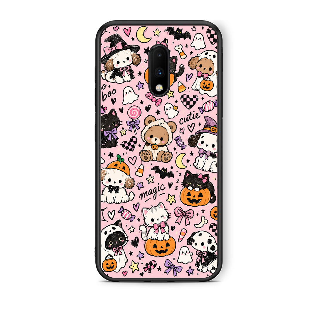 Θήκη OnePlus 7 Halloween Cute Animals on Pink από τη Smartfits με σχέδιο στο πίσω μέρος και μαύρο περίβλημα | OnePlus 7 Halloween Cute Animals on Pink case with colorful back and black bezels